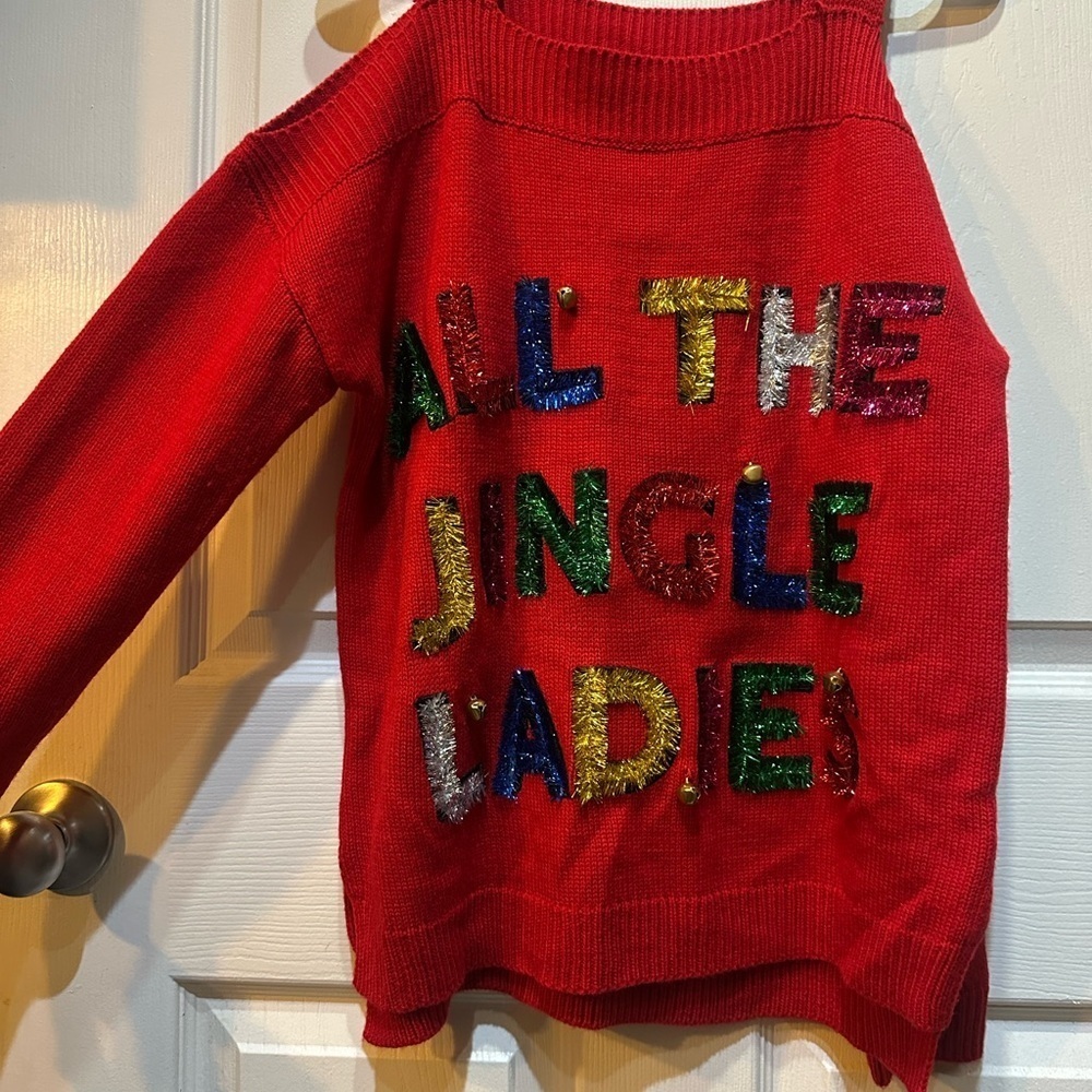 Festive “All The Jingle Ladies” Christmas Red Cold-Shoulder Sweater Size Small - Picture 6 of 8